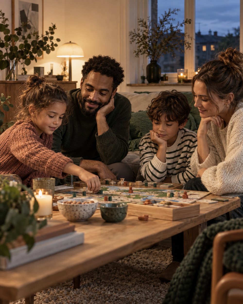 En familj samlad kring ett brädspel i kvällsljus